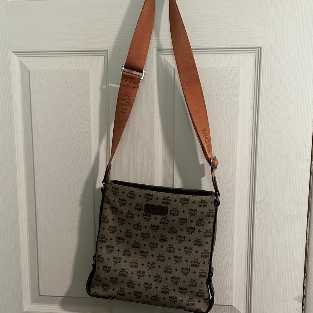 Authentic MCM Tan and Black Logo Messenger Bag